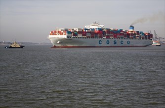Cosco Harmony container ship at the Port of Felixstowe, Suffolk, England, United Kingdom, Europe