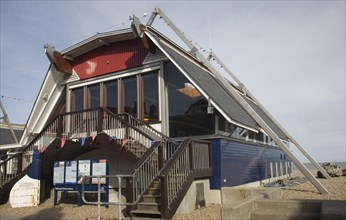 RNLI lifeboat station building on the beach at Aldeburgh, Suffolk, England, United Kingdom, Europe