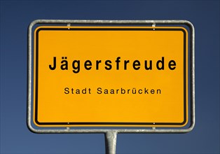 Place name sign Jaegersfreude, district of Saarbruecken in the municipality of Dudweiler, Saarland,