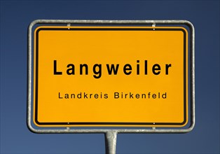 Town sign Langweiler, municipality in the district of Birkenfeld, Rhineland-Palatinate, Germany,