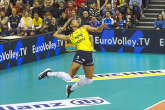 Volleyball match, Melissa VARGAS Fenerbahce Opet Istanbul serving while floating in the air,
