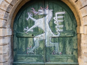 Styrian panther, coat of arms of Styria on a gate, Landhaus, Graz, Styria, Austria, Europe