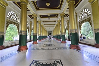 Entrance area, pilgrims in the Shwedagon Pagoda, Yangon, Myanmar, Asia