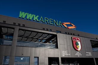Exterior shot, WWK Arena, FC Augsburg FCA, main entrance, logo, lettering, blue hour, Augsburg,