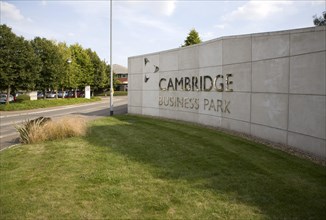 Sign on wall at entrance to Cambridge Business Park, Cambridge, England, United Kingdom, Europe