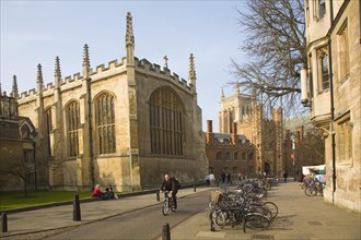 View to St John's college along Trinity Street, Cambridge, England with Trinity College chapel in