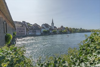 Border town of Dissenhofen on the Rhine, townscape, St Dionys church, wooden bridge, Frauenfeld