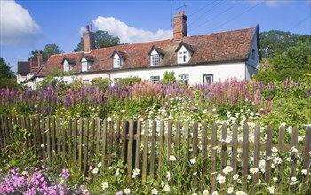 Pretty country cottages and garden at Great Finborough, Suffolk, England, United Kingdom, Europe