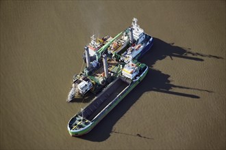 Aerial photo, suction dredger Peter, ship, working ship, Elbe, Elbe deepening, Germany, Europe