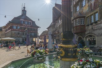 Stein am Rhein, historic old town, town hall, town hall square, murals, fountain, inn,