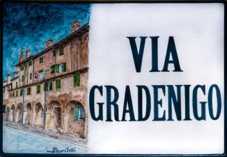 Old town sign, Citta vecchia, island of Grado, north coast of the Adriatic Sea, Friuli, Italy,