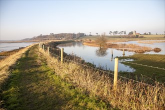 Coastal flooding leading to inundation of land not covered by flood water for 50 years, Ramsholt,