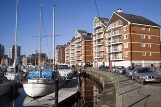Modern waterside apartment buildings, Wet Dock redevelopment, Ipswich, Suffolk, England, United