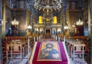 Interior view of Hagia Sofia church, also known as Agia Sofia, image of a saint, Thessaloniki,