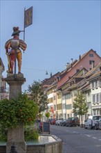Old town of Dissenhofen am Rhein, fountain, flower decoration, district Frauenfeld, canton Thurgau,