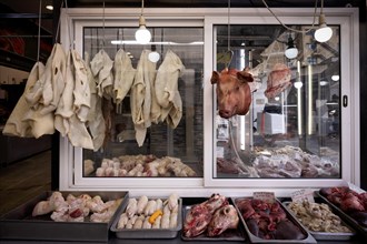 Display of fresh meat, butcher's shop, pig's head, sheep's head, offal, food, Kapani market, Vlali,