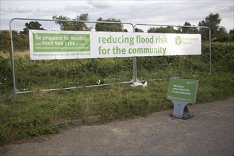 Environment Agency banner reducing flood risk for the community, Chillesford, Suffolk, England,