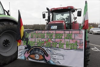 Sign with the theme Mittelstand on a tractor, farmers' protests, demonstration against the policy