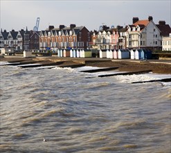 Sea and seafront buildings in winter at Felixstowe, Suffolk, England, United Kingdom, Europe
