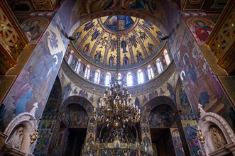 Interior view of the church, Metropolitan Church of St Gregorios Palamas, dome, mosaic, chandelier,