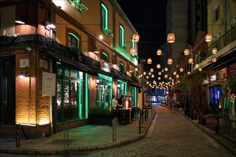 Night shot restaurants, party neighbourhood, empty, Ladadika, Thessaloniki, Macedonia, Greece,