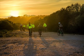 Group of mountain bikers ride towards the sunset