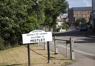 Road sign for the village of Mistley, Tendring district council, Essex, England, United Kingdom,