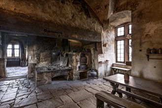 Kitchen with fireplace, hob and soot-blackened ceiling, soot, medieval knight's castle, Ronneburg