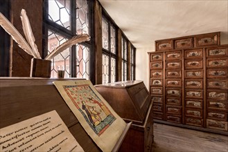 Secretary with quill and document, writing room, reading room, archive cabinet, medieval knight's