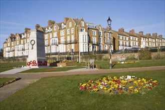 War memorial and seafront buildings at Hunstanton, Norfolk, England, United Kingdom, Europe