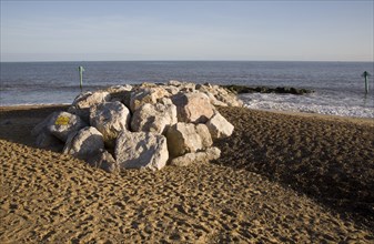 Rock groyne sea defences Felixstowe beach, Suffolk, England, United Kingdom, Europe