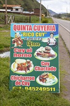 Billboard for a traditional cuyeria or guinea pig restaurant, Marangani, Canchis province, Cusco