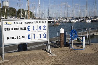Diesel fuel prices at Shotley marina, Suffolk, England photographed in 2012
