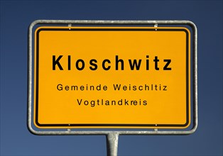 Place name sign Kloschwitz, district of the municipality of Weischlitz, Vogtlandkreis, Saxony,