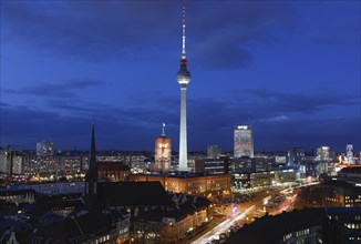 Television tower on Alexanderplatz, Red Town Hall and St Nicholas' Church during the blue hour,