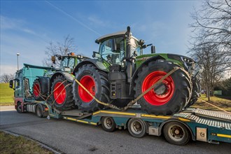 Low loader with two Fendt tractors, Kempten, Bavaria, Allgaeu, Germany, Europe