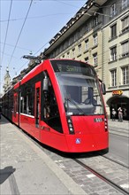 Modern tram in the old town of Bern, Switzerland, Europe