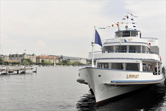 Excursion boat LIMMAT, boat landing stage in the harbour of Zurich, Lake Zurich, Switzerland,