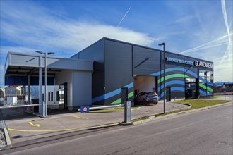 Glanzarena, blue-green facade, indoor washing centre, Kempten, Bavaria, Allgaeu, Germany, Europe