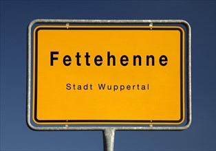 Place name sign Fettehenne, medieval original farm in the area of today's city of Wuppertal, North