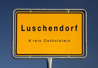 Luschendorf town sign, Ratekau municipality, Ostholstein district, Schleswig-Holstein, Germany,