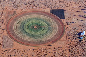 Aerial photo, circular field in the Kalahari desert, agriculture, irrigation, groundwater, alfalfa,