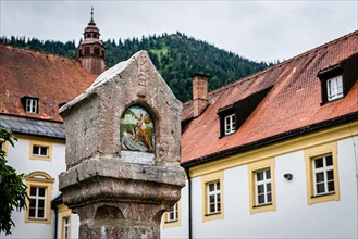 Historic buildings and mountains in the background, Benedictine Abbey Ettal, Bavaria