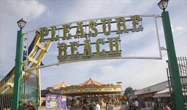 Sign at entrance to Pleasure Beach funfair, Great Yarmouth, Norfolk, England, United Kingdom,