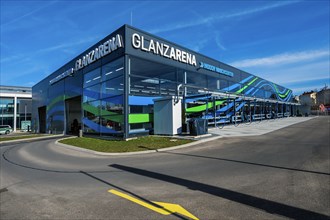 GLANZARENA, blue-green facade, indoor washing centre, Kempten, Bavaria, Allgaeu, Germany, Europe