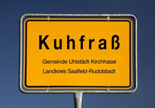 Town sign Kuhfrass, part of the municipality of Uhlstaedt-Kirchhasel, district of