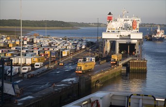 Port activity unloading ferry ship at Harwich International, Essex, England, United Kingdom, Europe