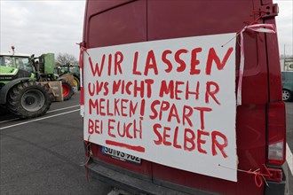 We won't be milked any more, placard on a lorry, farmers' protests, demonstration against policies