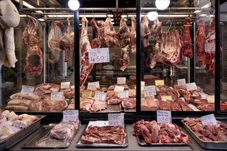 Display of fresh meat, butcher's shop, food, Kapani market, Vlali, Thessaloniki, Macedonia, Greece,