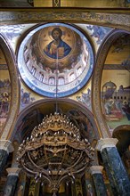 Interior view of Ieros Naos Panagias Dexias church, dome, mosaic, chandelier, Thessaloniki,